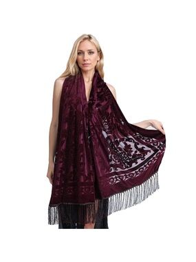 New Burgundy Women Velvet Shawl Long Tassel Scarf Warm Floral